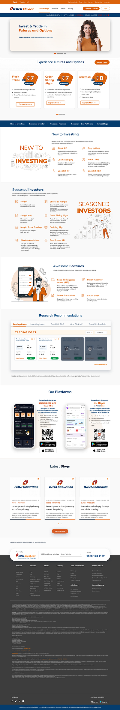 ICICI Direct Home Page F&O Customer home page landing page ui user interface design