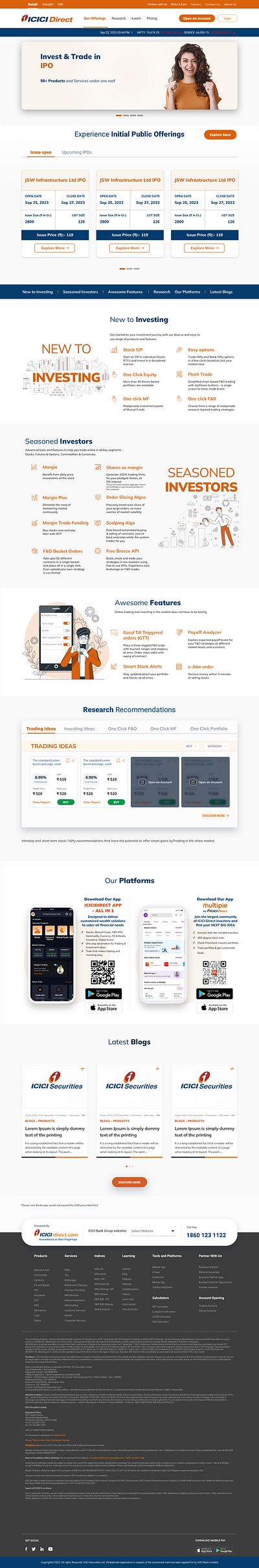 ICICI Direct Home Page IPO Customer home page landing page ui user interface design