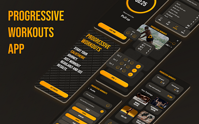 Redesign Progressive Workouts app - Personal Project 3d dark darkmode fitness gradient graphic design mobile mobile app orange sport ui user interface workout