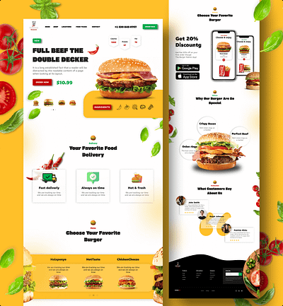 Burger Page 3d animation branding burger delivery fast food food footer graphic design home page landing modern motion graphics pizza tasty testimonials ui yellow