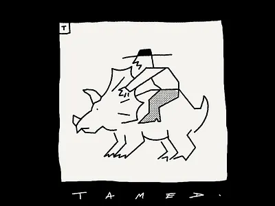 Tamed adventure black and white character dinosaur funny half tone illustration lineart linework lofi man minimal procreate riding silly simple stupid triceratops