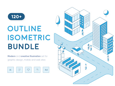 Outline Isometric Bundle buildings business characters city concepts construction corporate isometric logistic office outline people stroke technology transport warehouse