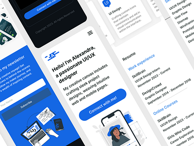 Mobile Designer Portfolio: Clean White & Blue Homepage designer logo mobile page portfolio page presentation simplistic ui uiux uiux design userinterface