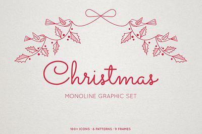 Monoline Christmas Graphic Set ball bell bow halftone holly houses illustration mitten monoline monotone pattern poinsettia