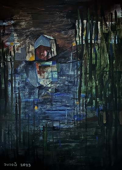 Jezero ...., akryl na plátně, 70 x 50 cm, Zdeněk Duroň 2023