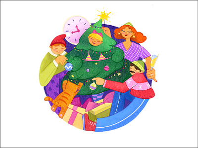 Family magic cat celebration champange christmas christmas tree decorations family illustration newyear presents star