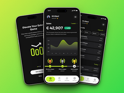 Gamified Sales CRM App Design appdashboard crm crmapp darkui dribbbleshot filters gamify graph leaderboard leads management minimalui navigation progressbar salesapp search settings uidesign uxdesign vibrant