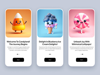 Candyland App | Onboarding Screens ai ai image app app design application candy colorful creative design ice cream intro slider mobile mobile app mobile design onboarding onboarding screen product design shop ui ui design