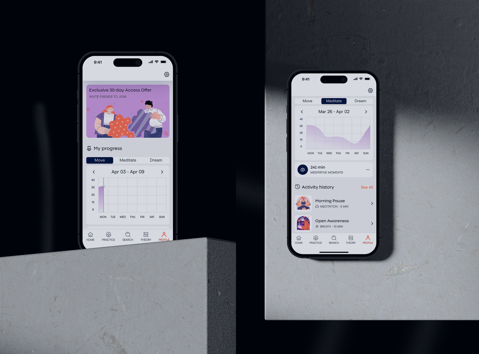 Loupe: Profile Insights — Mental Health App account analytics application design meditation meditation app mobile mobile design mockup profile progress screens settings statistics ui user experience user interface ux yoga yoga app