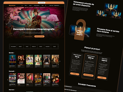 Movie Streaming Platform, Website Design animation aquaman dark darkmode design figma logo movie orange ui ux uxui designer uxuidesign web designer webdesign wonka