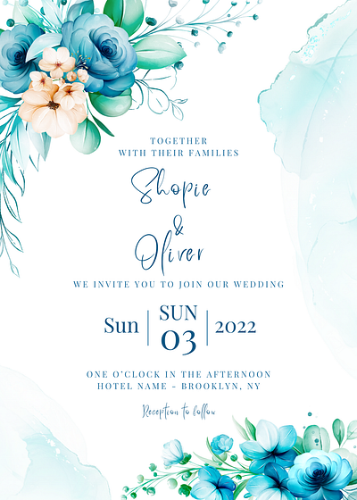 Invitation Portrait: Blue Flower Elegant Wedding Card card invitation invitation card wedding wedding card