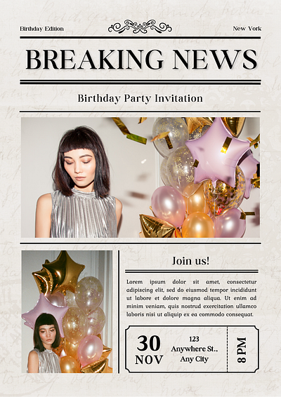 Birthday Party Poster with Beige and Vintage Newspaper birthday party poster happybirthday newspaper poster party party poster poster