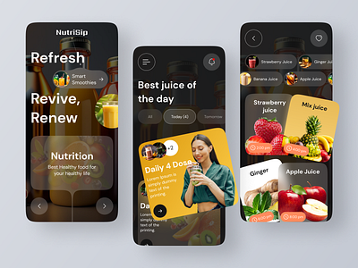 NutriSip - Organic Nutrition Application | Nutrition app app design app ui application design design ui food app fresh juice health health care healthy lifestyle mobile nutrition organic smoothies ui uxdesign vegetable wellness