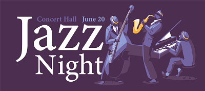 Jazz concert banner art band bass concert dark flat illustration jazz music musician night performance piano saxophone stage vector