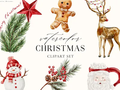 Watercolor Christmas Clipart Holidays Deer Snowman adobe illustrator art christmas clip art clipart digital art digital illustration digital painting flat floral illustration illustration art illustration digital illustrations logo minimal png vector watercolor wreath