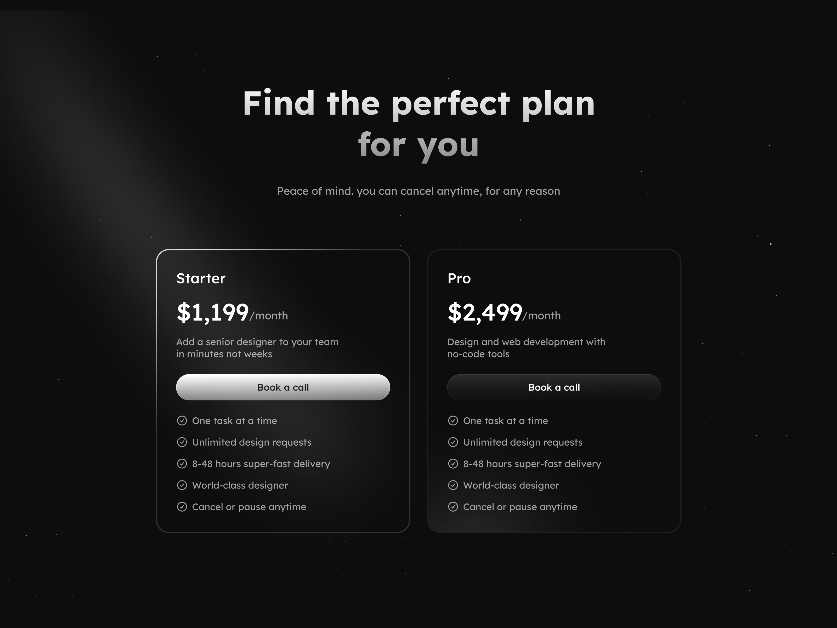 Dark mode pricing page book a call button dailyui dark dark theme dark ui design figma glow effect minimal modern dark modern design modern ui pricing pricing page pricing table ui ui design ux design web design