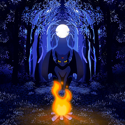 Sphynx in the forest burn cat dark blue drawing enigma fantasy fire forest gargoyle grass halloween illustration moon mystery mythology night procreate third eye trees