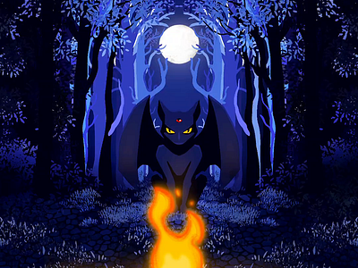 Sphynx in the forest burn cat dark blue drawing enigma fantasy fire forest gargoyle grass halloween illustration moon mystery mythology night procreate third eye trees