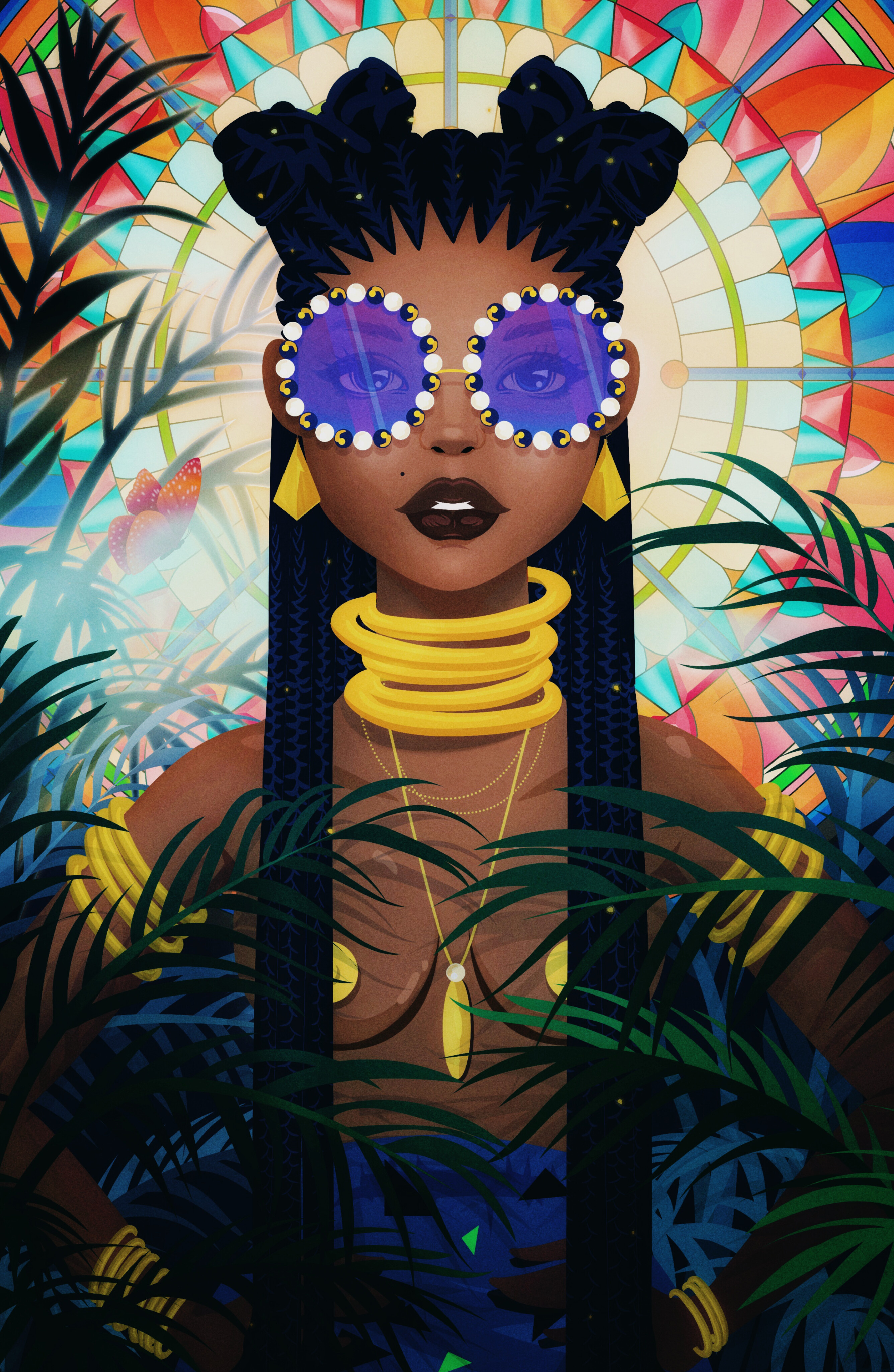 Kiriba butterfly girl glasses illustration jewels karaba kirikou light lips nature plants stained glass witch woman