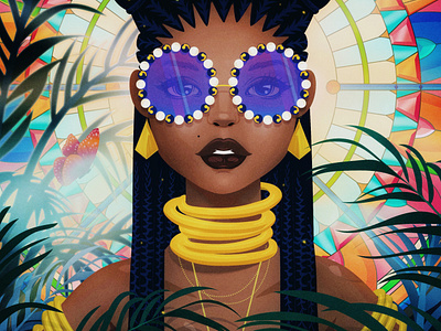 Kiriba butterfly girl glasses illustration jewels karaba kirikou light lips nature plants stained glass witch woman