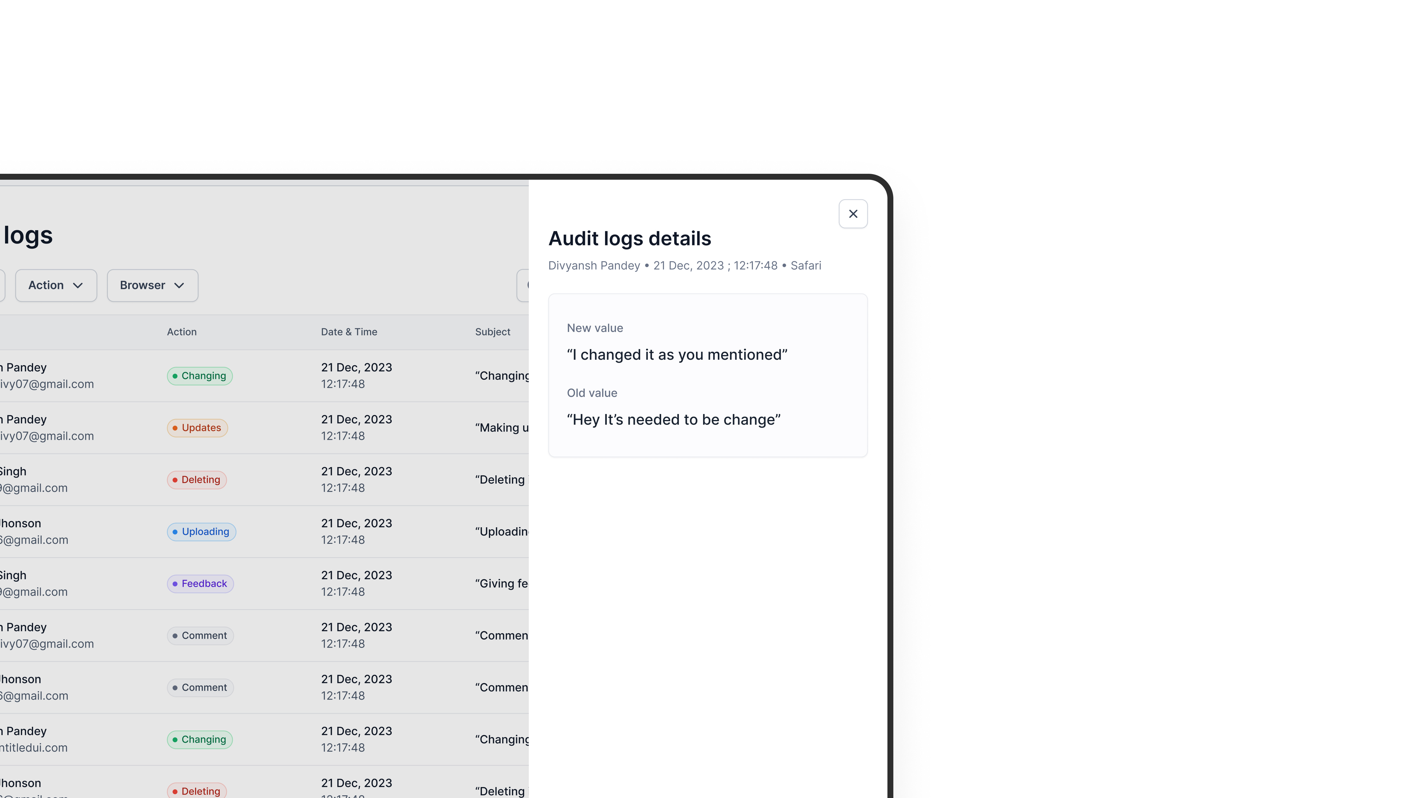Audit Logs - Side Panel audit logs dashboard design logs product design saas side panel tables ui ux