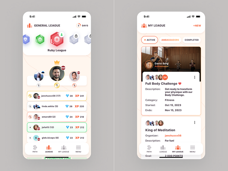 Habit Hero App UX/UI design. General League & My Leagues clean clean design clean interface clean ui creative creative design creative interface creative ui fitness app health app healthcare app menu minimal minimal design minimal interface minimal ui ratings sport app trending design trending ui