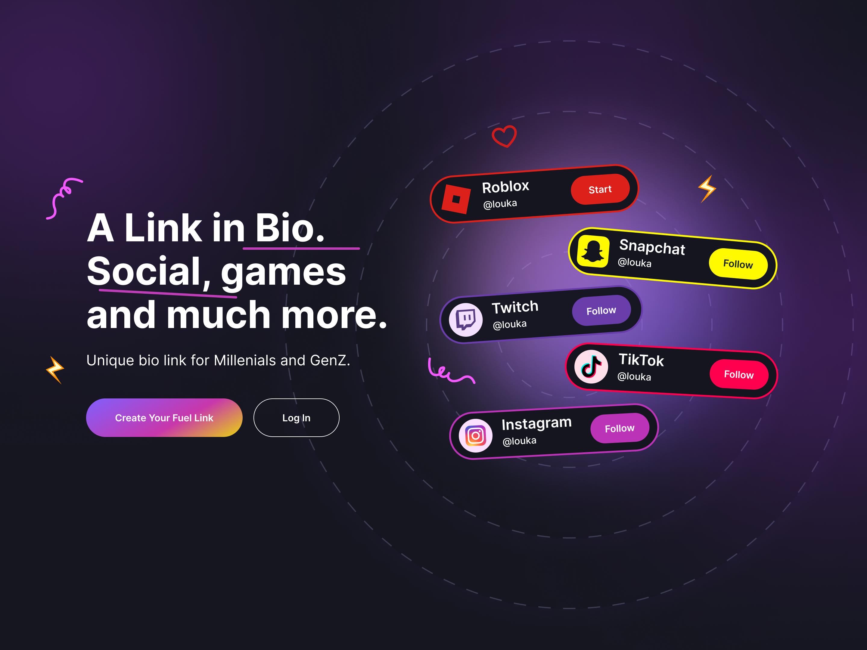 Link for social media app application branding btn colors design docialmedia hero icon illustration instagram landing media roblox snapchat social tiktok ui uiux web