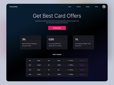 Generate Card Offers website dark design dark table debit graphic design home page exploration ui web design