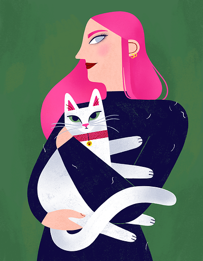 Black Jumper, White Cat animal cat digital art editorial illustration modern people pet portrait stylized woman