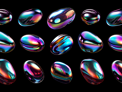 Holographic liquid metal blob shapes. Y2K Metallic drops 3d blob chrome colorful diffraction drop generative holographic iridescent liquid metal melted melty metallic rednering reflective shapes