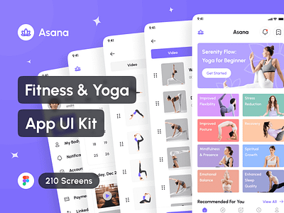 Asana - Fitness & Yoga App UI Kit app app design application design design system exercise fitness app interface mobile app portfolio project sport template ui ui design ui kit uiux ux design workout app yoga app
