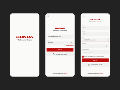 Honda Sing Up screen — Daily UI #1 branding challenge dailyui design graphic design honda like logo mobile s sing in ui user interface ux