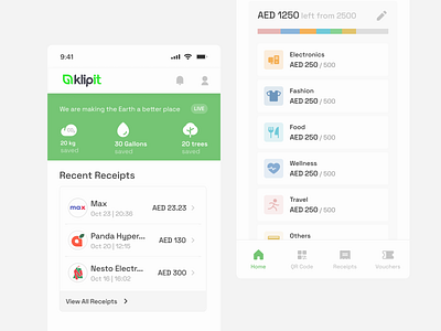 Klipit App Interface: Eco Tracking & Smart Budgeting ecoimpact