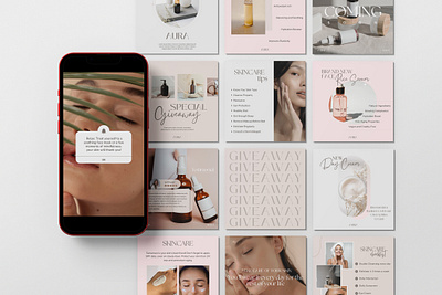 Aura Skincare Brand Instagram Canva Templates aesthetic branding canva graphic design instagram mockup pastel pink post skin products skin serum skin toner skincare skincare brand social media branding social media design social media templates soft colors story templates