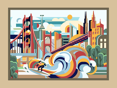 City Illustration for Print branding bridge city graphic design illustration illustrator landscape nature poster surfer vector