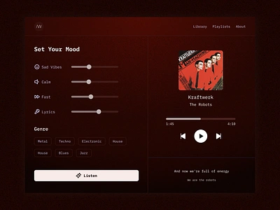 Mood-Based Music App ai design desktop app gradient layout lyrics minimal mood music music app music desktop app music player playlist slider typography ui ui design ui ux user interface ux design