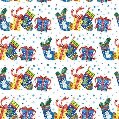 Christmas seamless pattern: gifts and socks christmas background christmas cards christmas decorations christmas gift christmas greeting christmas ornament christmas paper christmas seamless christmas socks christmas wrapping graphic design instant download labels design packaging design seamless ornament seamless pattern snowman watercolor illustration wrapping paper yellow