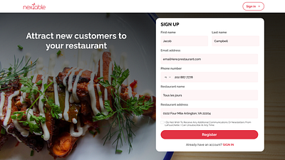 NexTable branding colors input restaurant sign up success typography ui ux