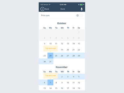 Travel app custom dual date selection component