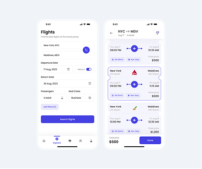 Flight app screens - App Design app app design clean design flight app minimal modern search results ticket ui