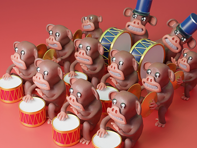 Twelve Drummers Drumming 3d animation ape blender chimp christmas claymation cute cymbal drum drummer drumming gorilla instrument monkey music stopmotion