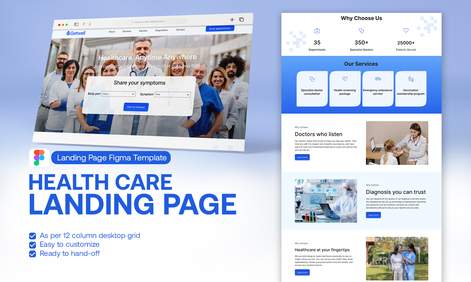 Getwell-Healthcare landing page figma Ui Template clinic diagnostic center figma healthcare hospital landing page ui ux
