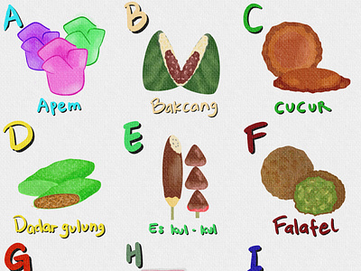 Indonesian Food Illustration alphabet apem bakcang cucur cuisine dadar gulung es kul kul falafel food gudeg hunkwe iga iga bakar indonesia indonesian street food jawa tengah kue cantik nasi goreng street food traditional