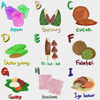 Indonesian Food Illustration alphabet apem bakcang cucur cuisine dadar gulung es kul kul falafel food gudeg hunkwe iga iga bakar indonesia indonesian street food jawa tengah kue cantik nasi goreng street food traditional