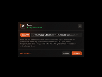 Zapier Integration Modal Window 2023 2024 app branding button copy cross daily ui dark mode icon integration link modal window popup product design text ui uiux web design zapier