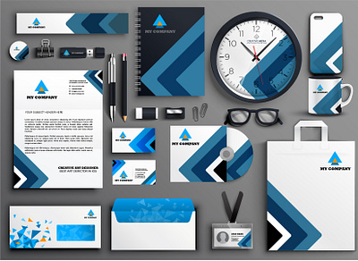 Designing Workspaces: Stationery Collection in Focus blue book cover branding cap card clock corporate design desk flyer folder glass graphic design id card logo pen drive pencil pens stationery style