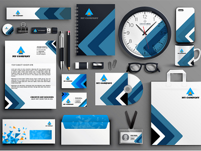 Designing Workspaces: Stationery Collection in Focus blue book cover branding cap card clock corporate design desk flyer folder glass graphic design id card logo pen drive pencil pens stationery style