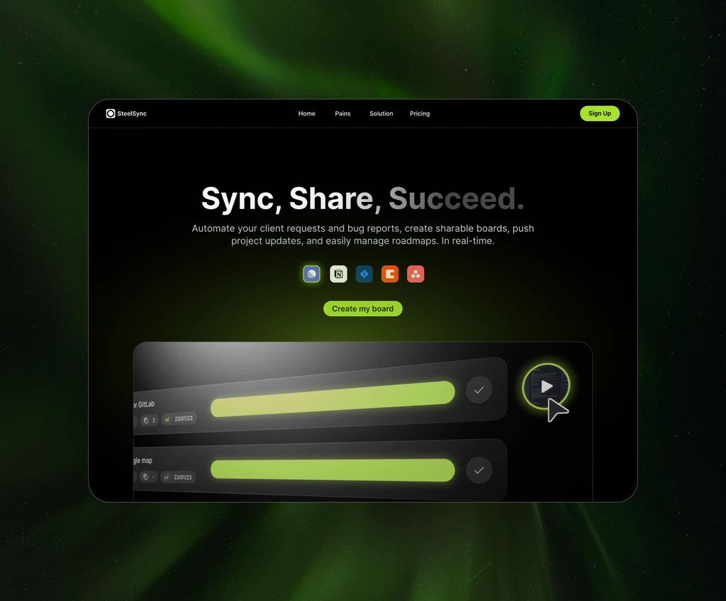 SteelSync.io | Design, Branding & Prototype automation bento branding glow graph graphic design green landingpage linear logo motion graphics pmtool productdesign saas shadow share sync ui ux video