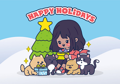 Happy Girl With Her Pet branding cat christmas cute design dog flat gift girl graphic design holidays illustration logo vector