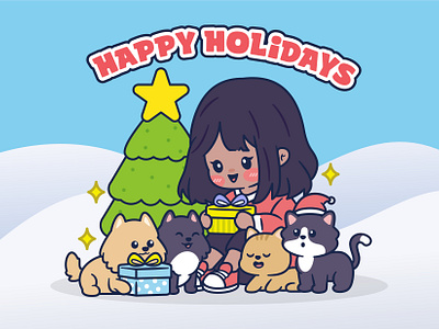 Happy Girl With Her Pet branding cat christmas cute design dog flat gift girl graphic design holidays illustration logo vector